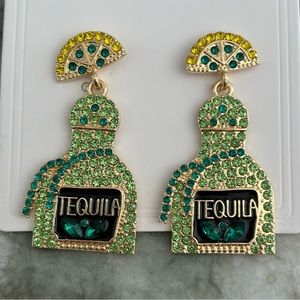 Tequila Bottle Rhinestone Goldtone Sparkle Earrings